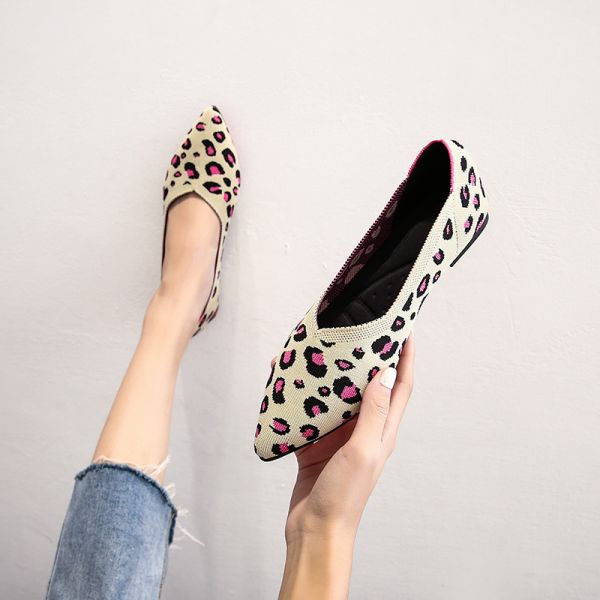 Pink Leopard Knit Pointed Toe Flat | SHOEKNOWS